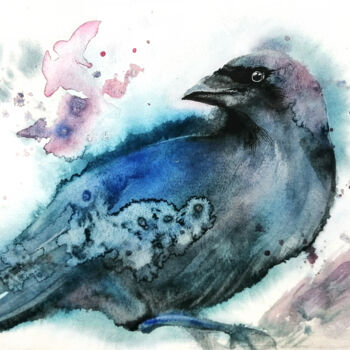 Schilderij getiteld "Black bird" door Ludmila Kolbenova, Origineel Kunstwerk, Aquarel