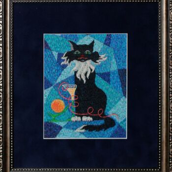 Schilderij getiteld "Embroidery The Cat…" door Ludmila Korets, Origineel Kunstwerk, Borduurwerk Gemonteerd op Karton