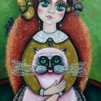 Painting titled "Girl with cat" by Liudmila Kylych, Original Artwork, Oil