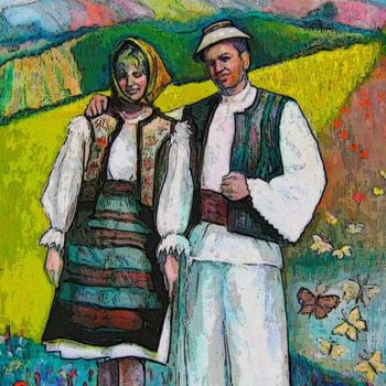 Malerei mit dem Titel "Paysans" von Ludmila Constant, Original-Kunstwerk, Öl