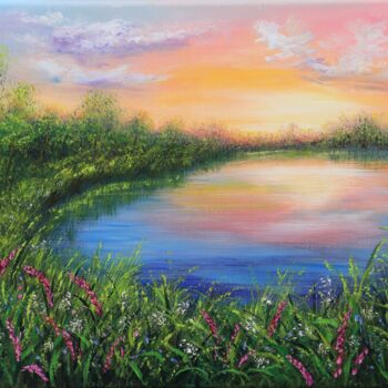 Schilderij getiteld "Colorful sunset at…" door Ludmilla Ukrow, Origineel Kunstwerk, Olie