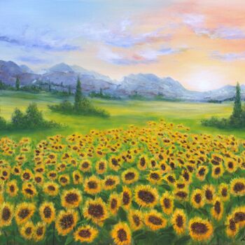Painting titled "Sunflowers field" by Ludmilla Ukrow, Original Artwork, Oil