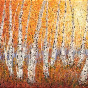 Painting titled "Birch fall forest" by Ludmilla Ukrow, Original Artwork, Oil