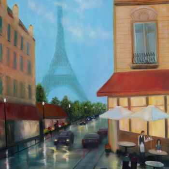 Painting titled "Cafe de Paris" by Ludmilla Ukrow, Original Artwork, Oil