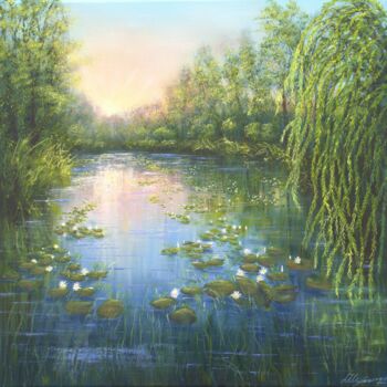 Painting titled "Water lilies pond" by Ludmilla Ukrow, Original Artwork, Oil