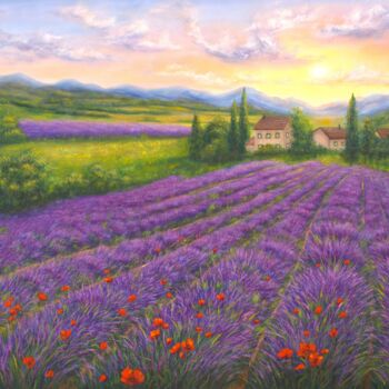 Peinture intitulée "Purple lavender fie…" par Ludmilla Ukrow, Œuvre d'art originale, Huile