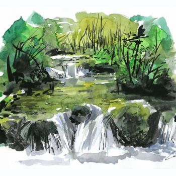 绘画 标题为“green-cascade” 由Ludo Sevcik, 原创艺术品, 水彩