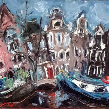 Painting titled "Canal Amsterdam" by Ludovic Labbé, Original Artwork, Oil