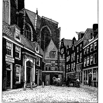 Prenten & gravures getiteld "Oude Kerksplein Ams…" door Ludwig Willem Reymert Wenkenbach, Origineel Kunstwerk, Digitale afdr…