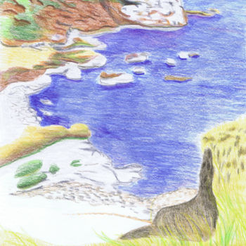 Zeichnungen mit dem Titel "Uferlandschaft" von Luethi Alias Abdelghafar, Original-Kunstwerk, Conté-Buntstifte
