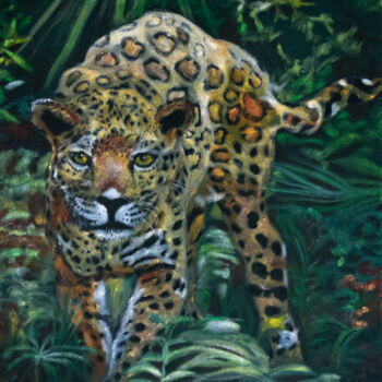 Painting titled "Jaguar im Dschungel" by Luethi Alias Abdelghafar, Original Artwork, Oil Mounted on Wood Stretcher frame