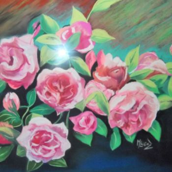 Painting titled "Le coussin de roses" by Lugez Marcelle, Original Artwork, Pastel