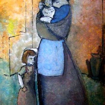 Painting titled "Madre e figli" by Luigi Marazzi, Original Artwork, Oil