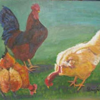 Painting titled "coq-et-poules.jpg" by Luigina, Original Artwork