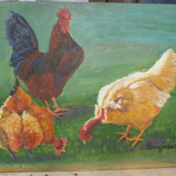 Painting titled "coq-et-poules.jpg" by Luigina, Original Artwork, Oil