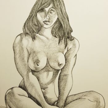 Disegno intitolato "Mujer desnuda senta…" da Lacasa, Opera d'arte originale, Inchiostro