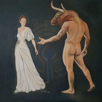 Painting titled "Minotauro y Ariadna" by Lacasa, Original Artwork, Oil Mounted on Wood Panel