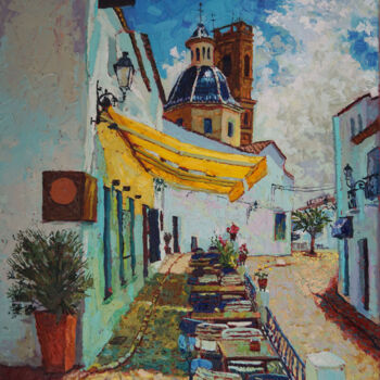 Painting titled "Altea old town" by Luis Rincon, Original Artwork, Oil Mounted on Wood Stretcher frame