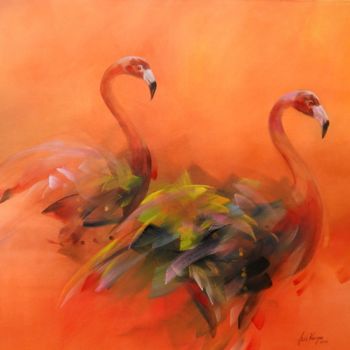 Peinture intitulée "Flamingos en rojo" par Luis Vargas B., Œuvre d'art originale, Acrylique