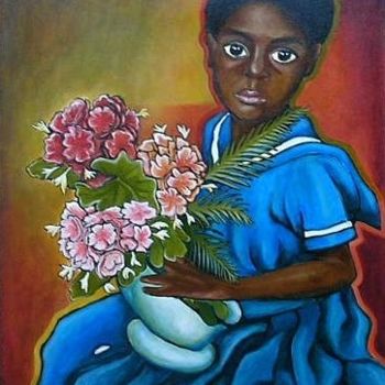 Painting titled "Menina com Flores" by Luiz Pego Artista Plastico, Original Artwork