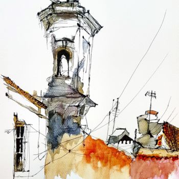 Malerei mit dem Titel "Tour de Lisboa" von Lukas Adami, Original-Kunstwerk, Tinte
