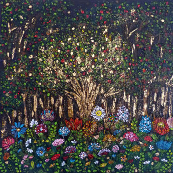 「La forêt cachée」というタイトルの絵画 Luna Aによって, オリジナルのアートワーク, アクリル ウッドストレッチャーフレームにマウント