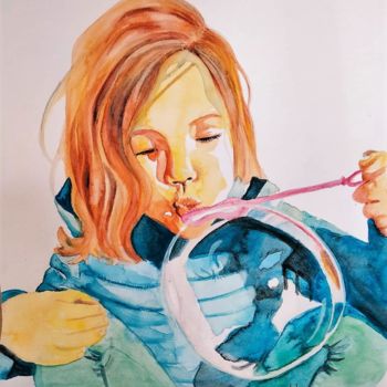 Peinture intitulée "L'enfant bulle" par Lune Et Animo, Œuvre d'art originale, Aquarelle