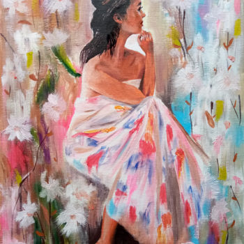 Painting titled "Woman Sitting in Fl…" by Tatyana Lysenko, Original Artwork, Oil