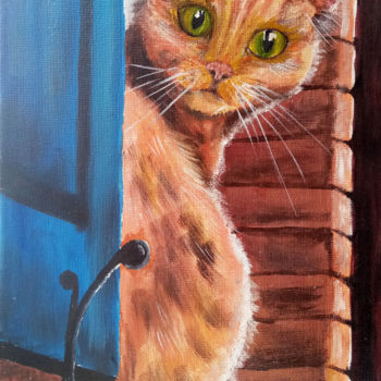 Painting titled "Ginger cat on windo…" by Tatyana Lysenko, Original Artwork, Oil
