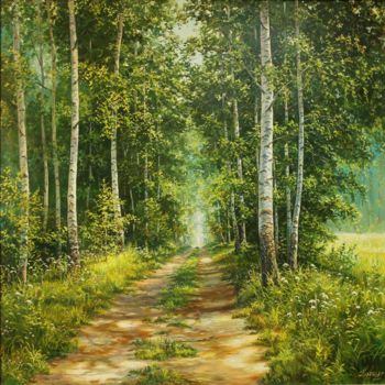 Картина под названием "birch alley" - Sergei Korotkov, Подлинное произведение искусства, Масло