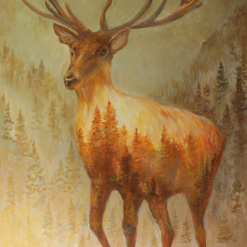 Painting titled "golden deer" by Sergei Korotkov, Original Artwork, Oil