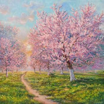 Painting titled "Spring in pink" by Sergei Korotkov, Original Artwork, Oil Mounted on Wood Stretcher frame