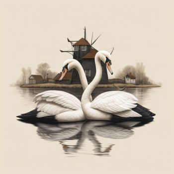 Digitale Kunst getiteld "Swans in Holland" door Luuk Denekamp, Origineel Kunstwerk, AI gegenereerde afbeelding