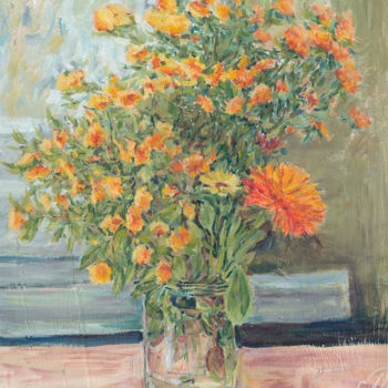 Картина под названием "Осенние хризантемы" - Lydmila Ignashkina, Подлинное произведение искусства, Масло