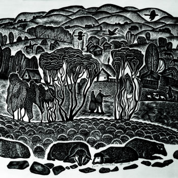 Druckgrafik mit dem Titel "Le village Télachevo" von Lydia Aristova-Jacquemin, Original-Kunstwerk, Linoldrucke