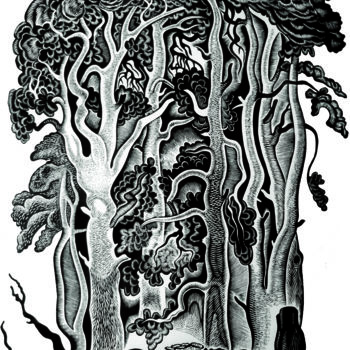 Prenten & gravures getiteld "La forêt de Karagay…" door Lydia Aristova-Jacquemin, Origineel Kunstwerk, Linosnede