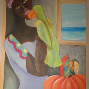 Peinture intitulée "La Femme au Perroqu…" par Lydia Bessette, Œuvre d'art originale, Acrylique
