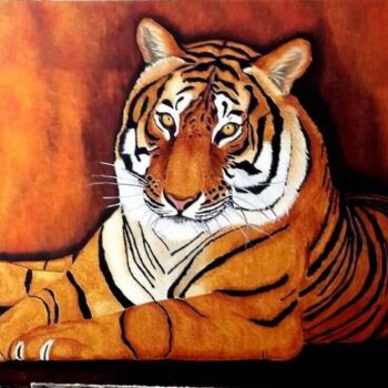 Painting titled "Tigre "MEVY"" by Lydie Frances-Ingles (dylie), Original Artwork, Oil Mounted on Wood Stretcher frame