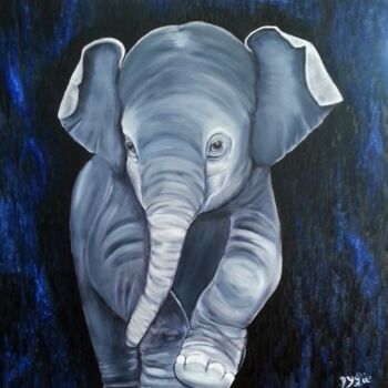 Painting titled "Elephanteau "l'Orph…" by Lydie Frances-Ingles (dylie), Original Artwork, Oil Mounted on Wood Stretcher frame