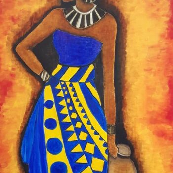 Painting titled "L'Africaine traditi…" by Lydie Frances-Ingles (dylie), Original Artwork, Oil Mounted on Wood Stretcher frame