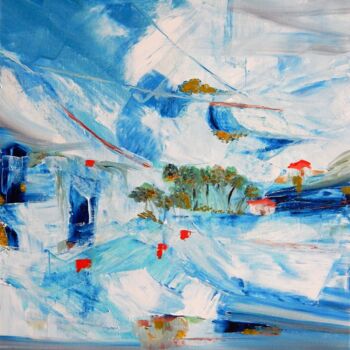 「La forêt bleue」というタイトルの絵画 Lydie Massouによって, オリジナルのアートワーク, オイル ウッドストレッチャーフレームにマウント