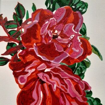 Painting titled "Two red China Roses" by Lynne Flores, Original Artwork, Acrylic