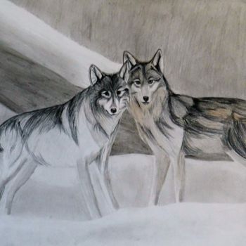 Dessin intitulée "Couple de loups" par Mylène Delpy, Œuvre d'art originale, Crayon