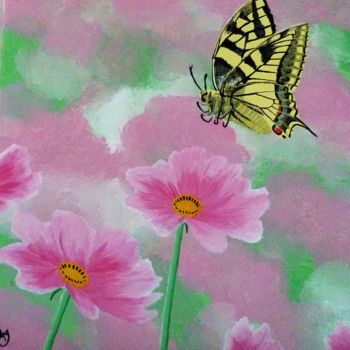 Painting titled "Fleurs et papillon" by Mylène Delpy, Original Artwork, Acrylic