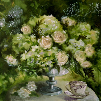 Painting titled "Tea in the garden -…" by Mariia Iakovleva, Original Artwork, Oil Mounted on Wood Stretcher frame