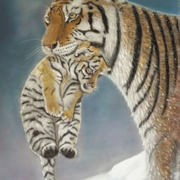 Painting titled "Maman tigre et son…" by Portraits Animaliers, Original Artwork, Pastel