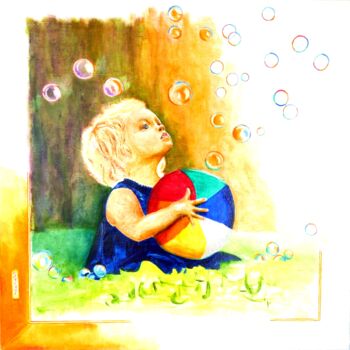 「Les bulles et l'enf…」というタイトルの絵画 M.Ou Mme Rajot Jean Louisによって, オリジナルのアートワーク, オイル