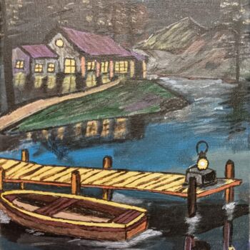 Painting titled "A Noite no Lago" by M Ramalho, Original Artwork, Acrylic Mounted on Wood Stretcher frame
