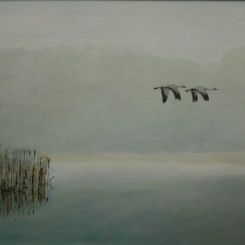 Painting titled "Odlatujące żurawie" by Marek Szpakowski, Original Artwork, Oil