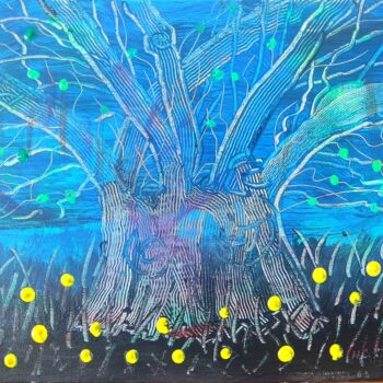 Painting titled "Árbol azul" by Ma Palet, Original Artwork, Acrylic Mounted on Wood Stretcher frame